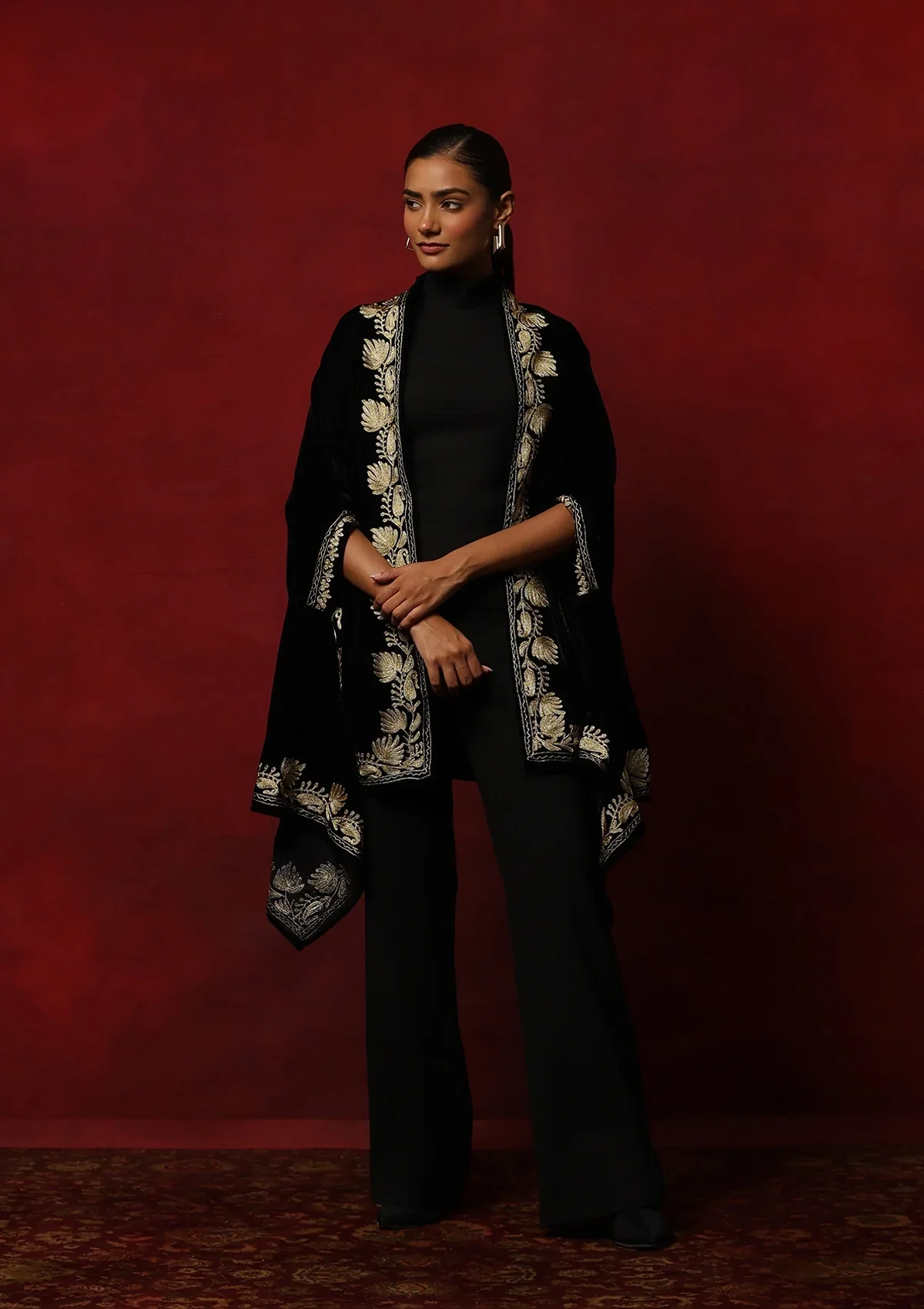 HOC Velvet Tilla Embroidered Solid Women's Cape -Black - Image 4