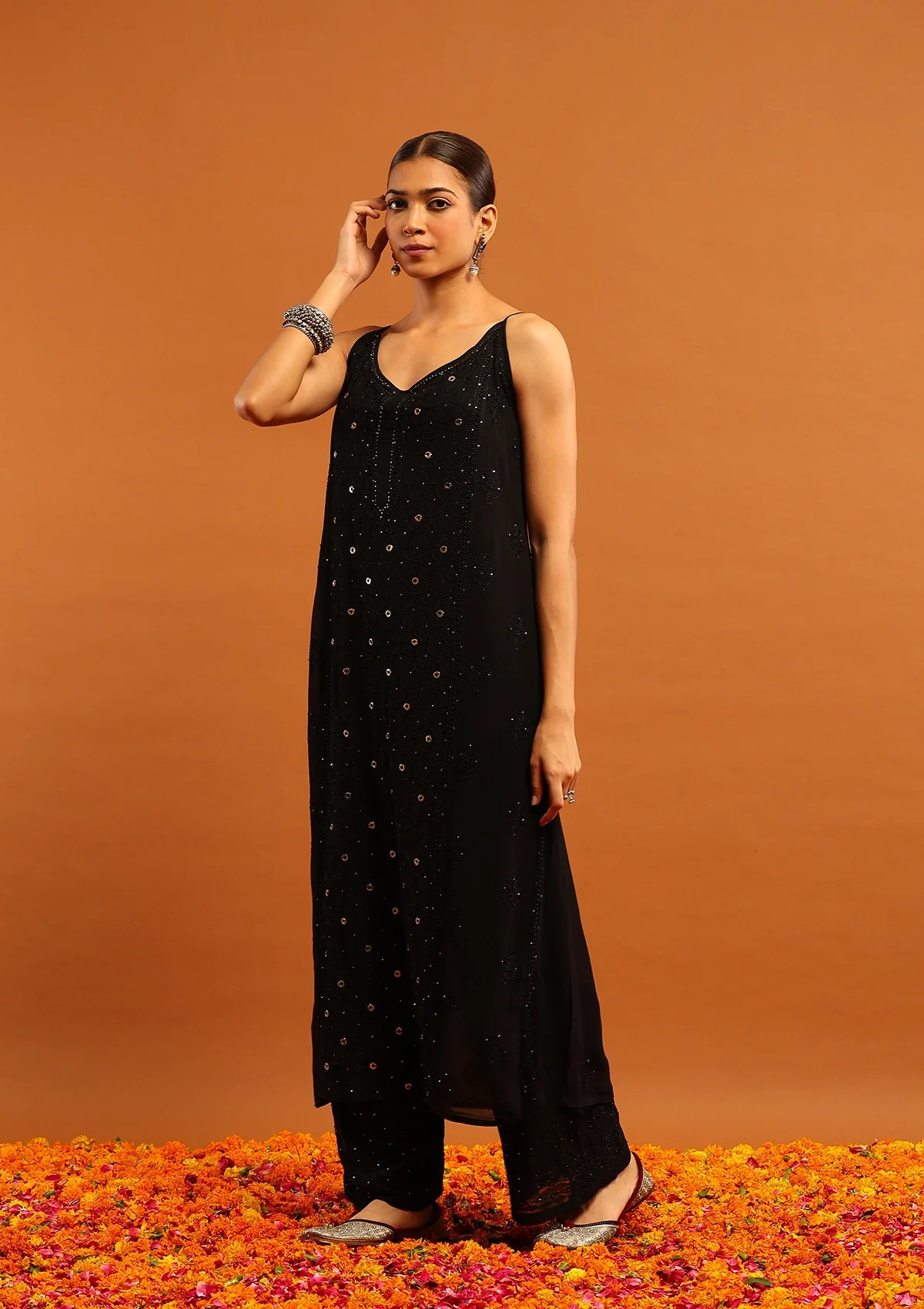 HOC Viscose Georgette Chikankari Mukaish & Kamdani Solid Women's 3 PC Long Kurta Set-Black - Image 4