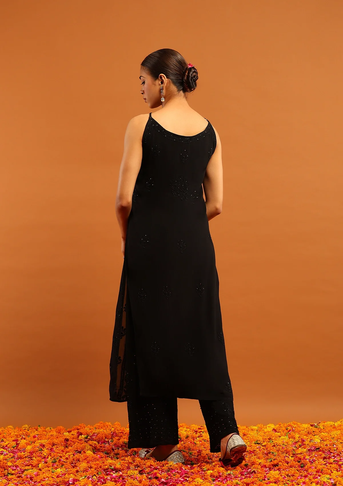 HOC Viscose Georgette Chikankari Mukaish & Kamdani Solid Women's 3 PC Long Kurta Set-Black - Image 7