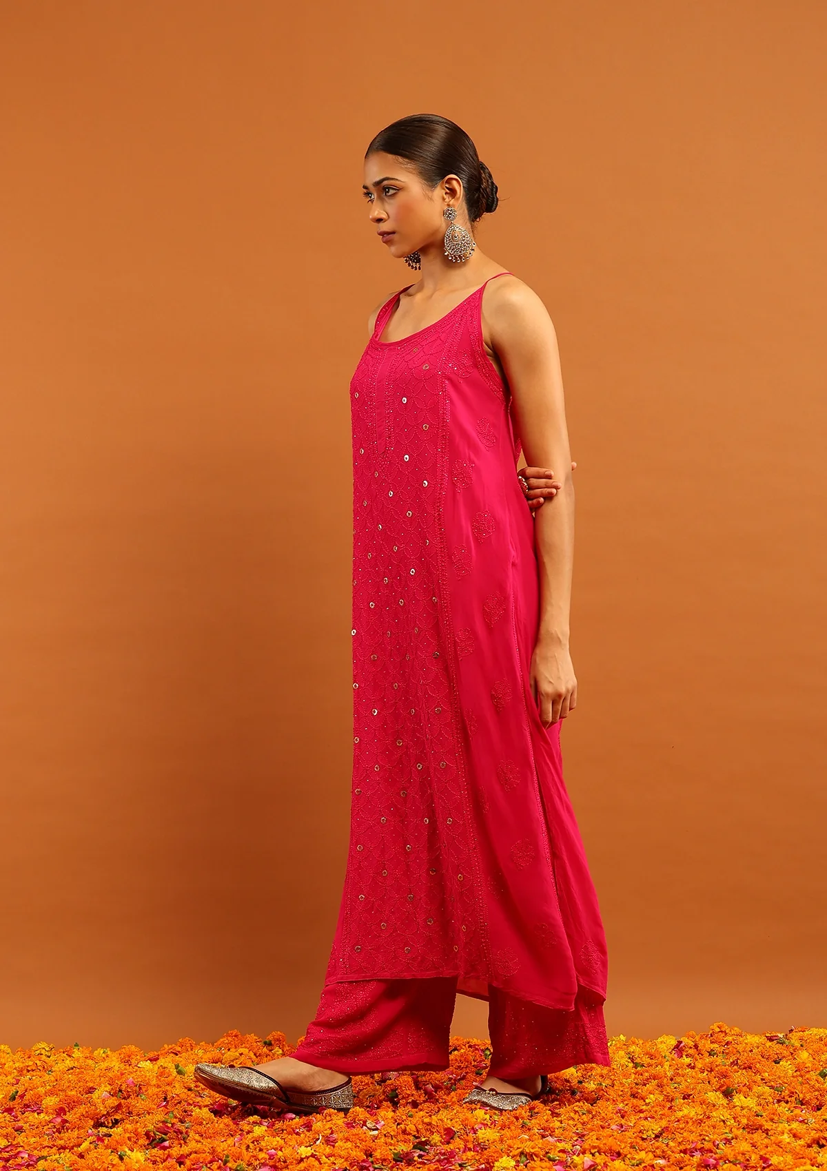 HOC Viscose Georgette Chikankari Mukaish & Kamdani Solid Women's 3 PC Long Kurta Set-Magenta - Image 3