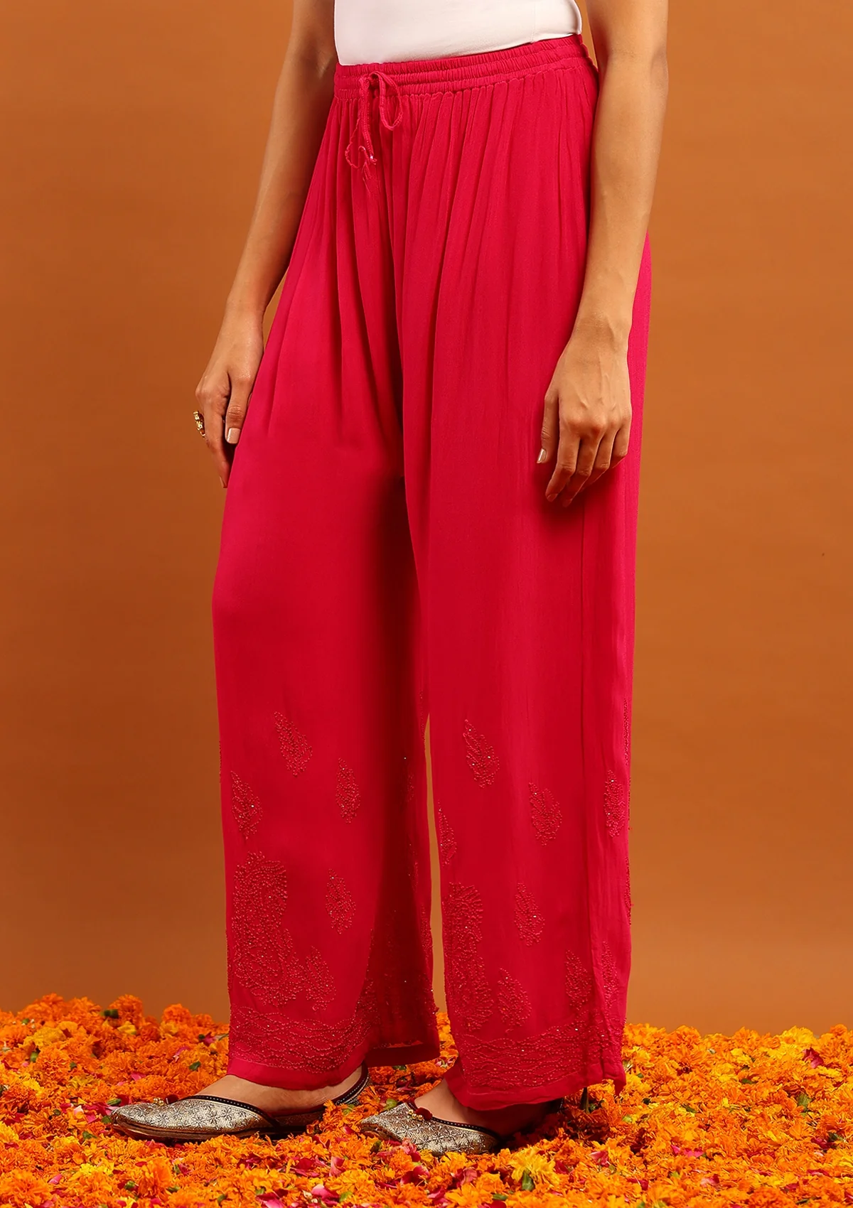 HOC Viscose Georgette Chikankari Mukaish & Kamdani Solid Women's 3 PC Long Kurta Set-Magenta - Image 6