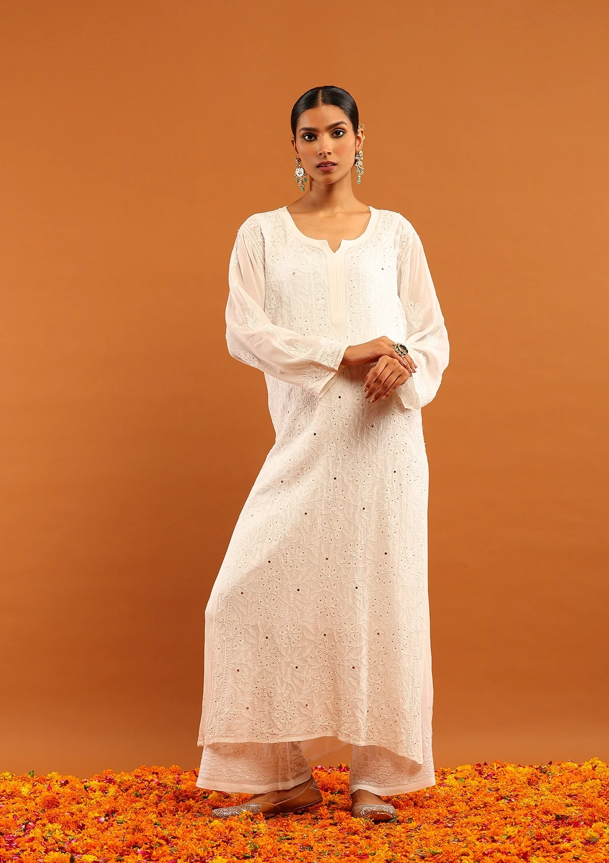 HOC Viscose Georgette Chikankari Mukaish & Kamdani Solid Women's 4 PC Long Kurta Set-White - Image 3