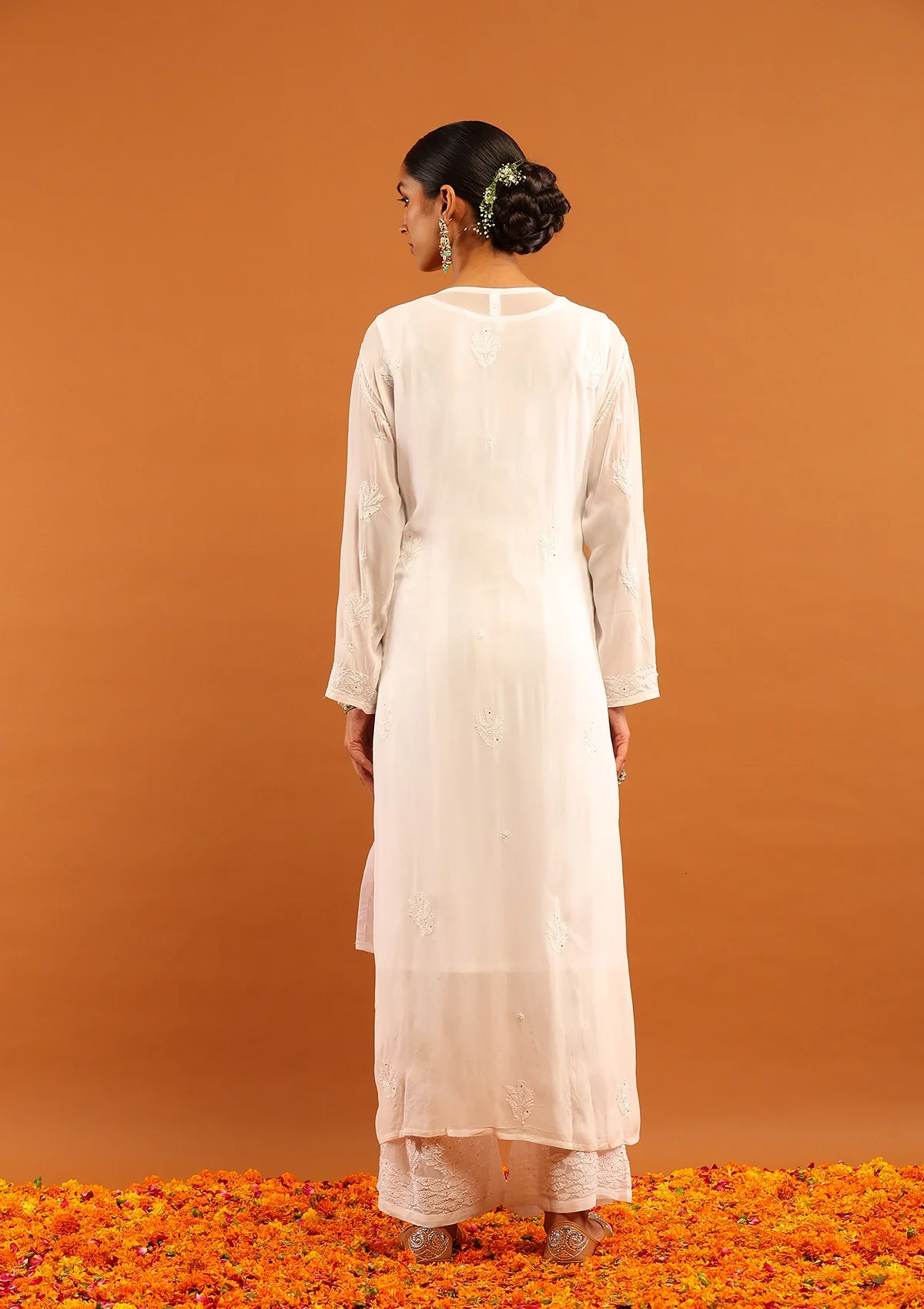 HOC Viscose Georgette Chikankari Mukaish & Kamdani Solid Women's 4 PC Long Kurta Set-White - Image 8