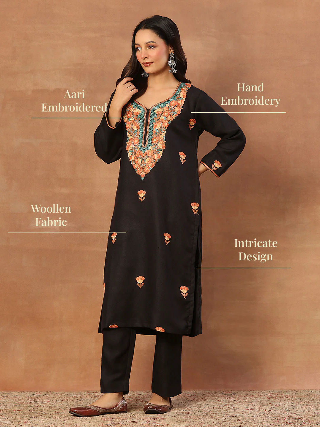 HOC Wool Aari Embroidered Solid Women's 2 PC Long Kurta Set-Black - Image 7