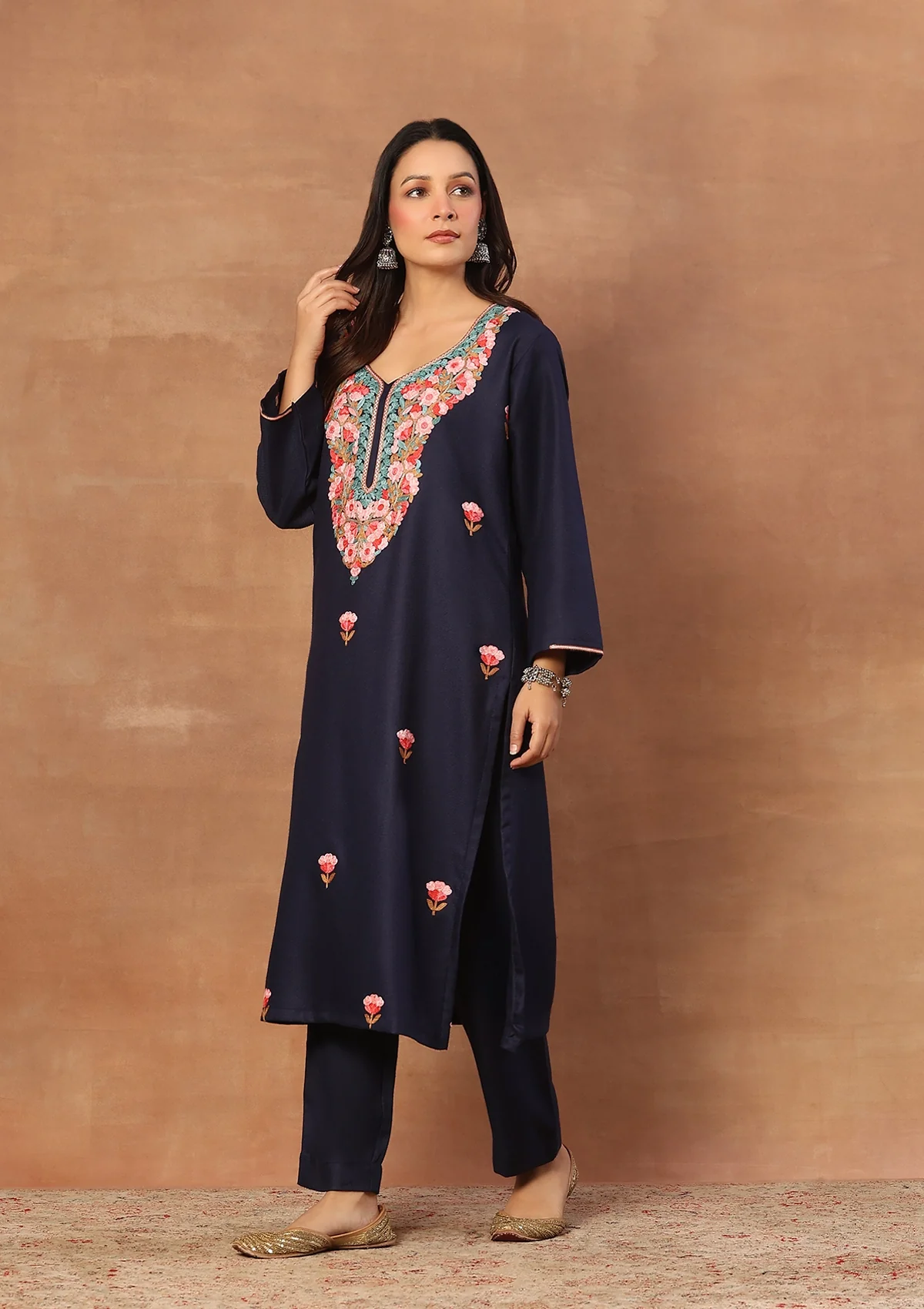 HOC Wool Aari Embroidered Solid Women's 2 PC Long Kurta Set-Navy - Image 3