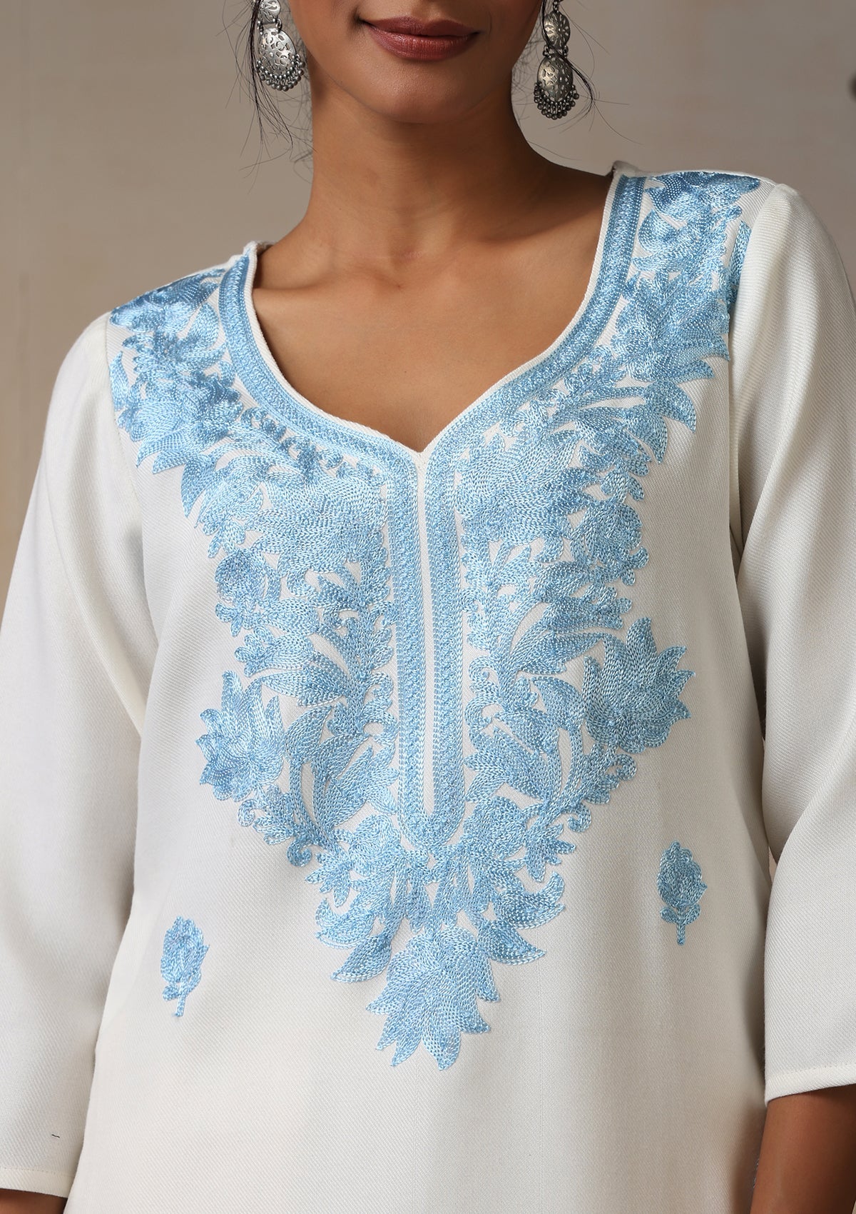 HOC Wool Aari Embroidered Solid Women's 2 Pc Long Kurta Set - White - Image 2