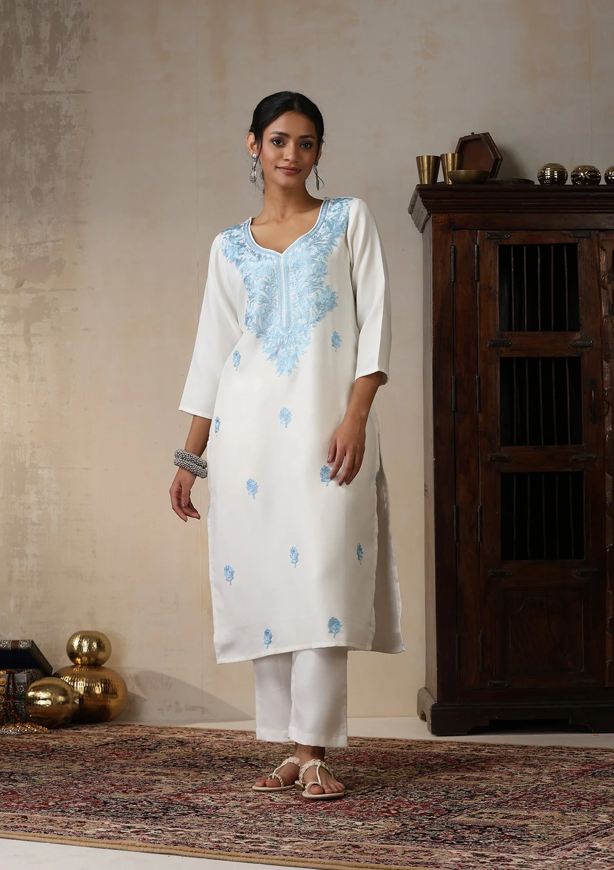 HOC Wool Aari Embroidered Solid Women's 2 Pc Long Kurta Set - White - Image 4