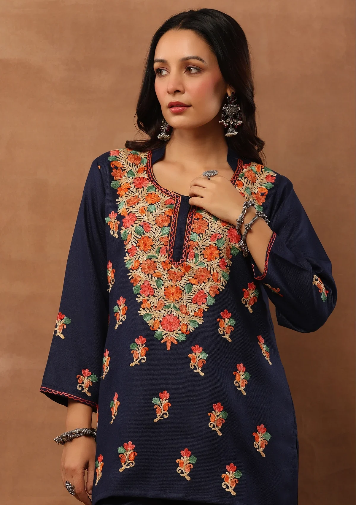 HOC Wool Aari Embroidered Solid Women's 2 Pc Short Kurta Set - Blue - Image 2