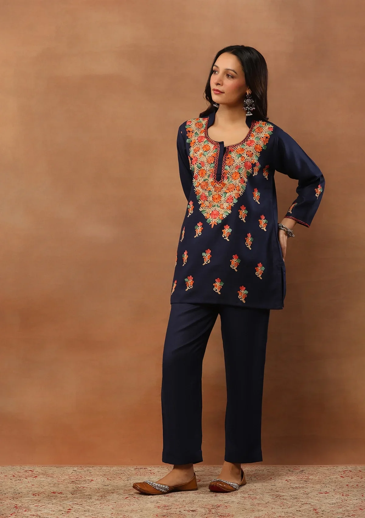 HOC Wool Aari Embroidered Solid Women's 2 Pc Short Kurta Set - Blue - Image 3