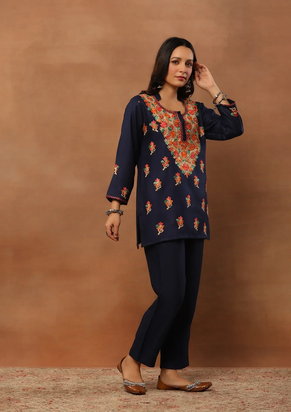 HOC Wool Aari Embroidered Solid Women's 2 Pc Short Kurta Set - Blue - Image 5