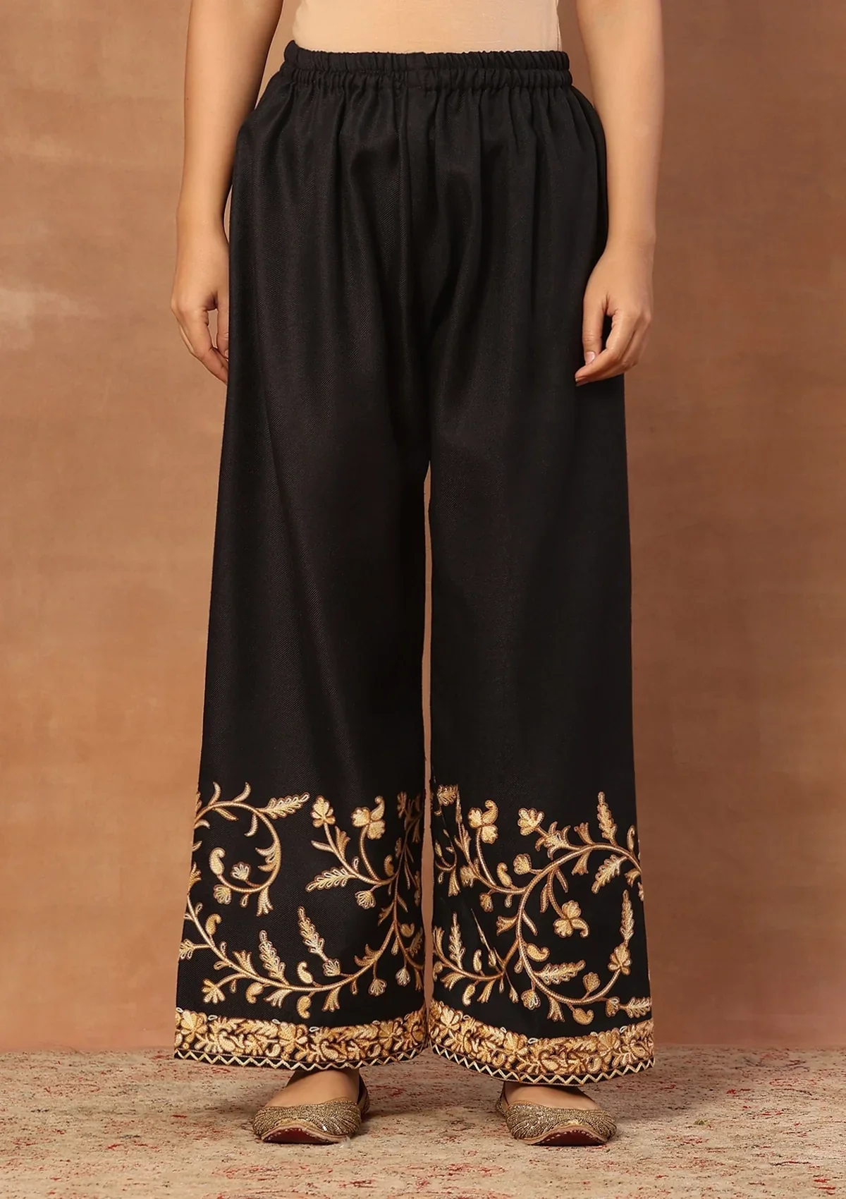 HOC Wool Aari Embroidered Solid Women's 3 Pc Long Phiran Set - Black - Image 10