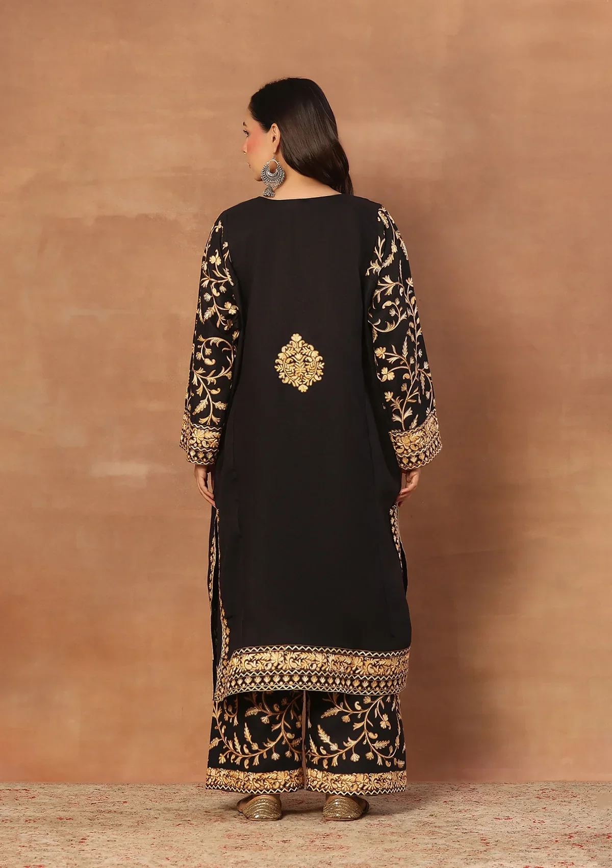 HOC Wool Aari Embroidered Solid Women's 3 Pc Long Phiran Set - Black - Image 11