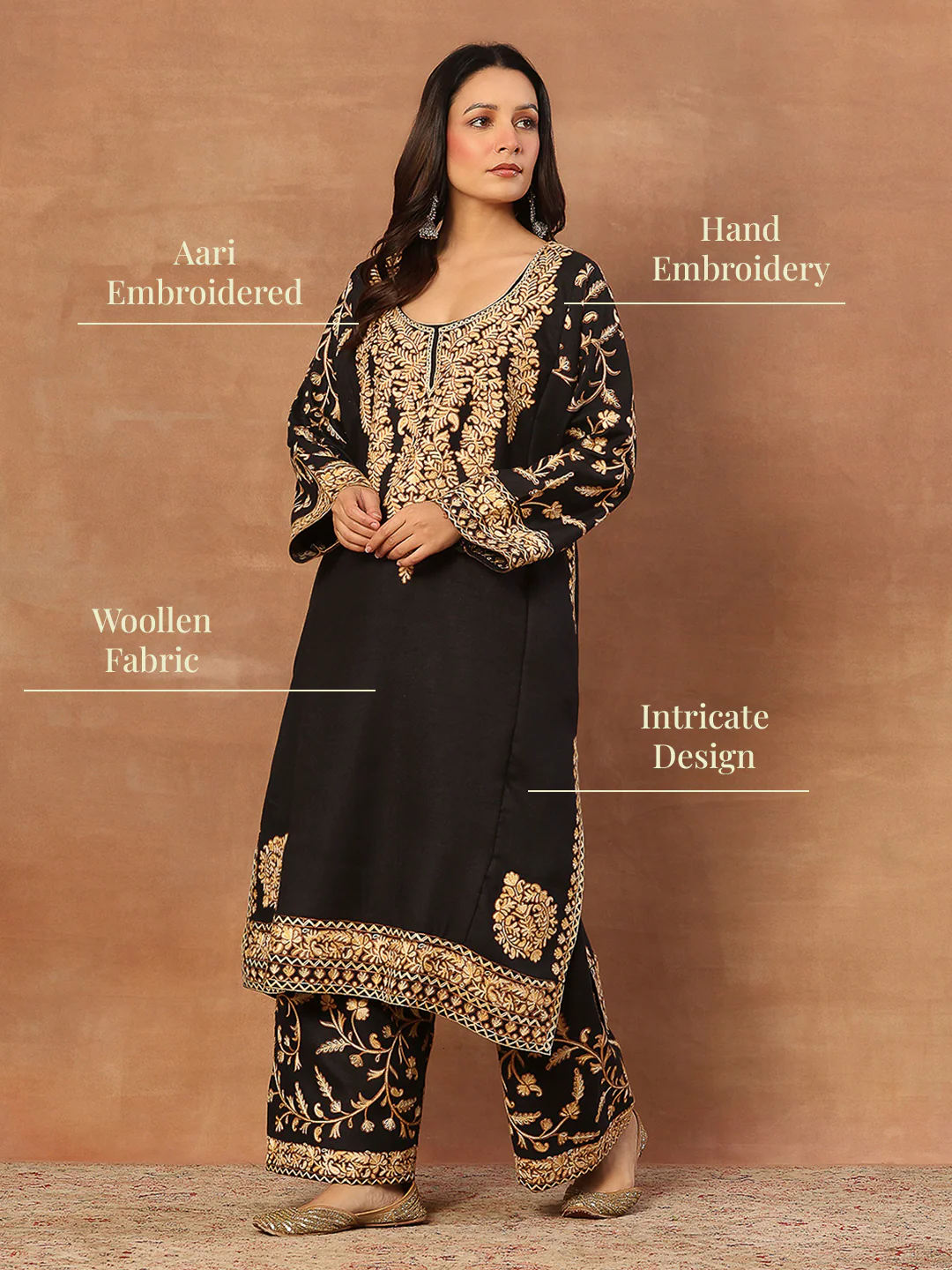 HOC Wool Aari Embroidered Solid Women's 3 Pc Long Phiran Set - Black - Image 12