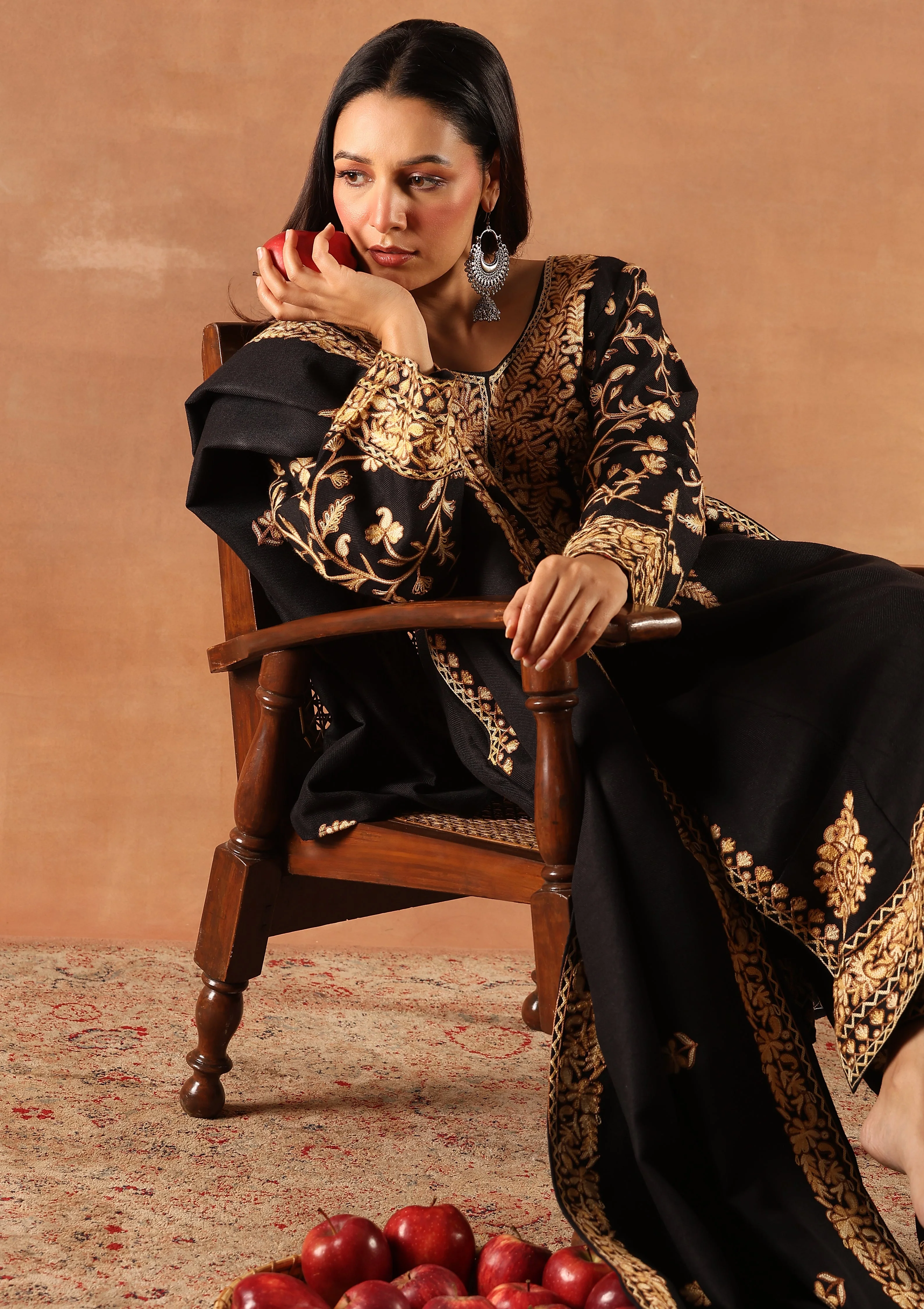 HOC Wool Aari Embroidered Solid Women's 3 Pc Long Phiran Set - Black - Image 2