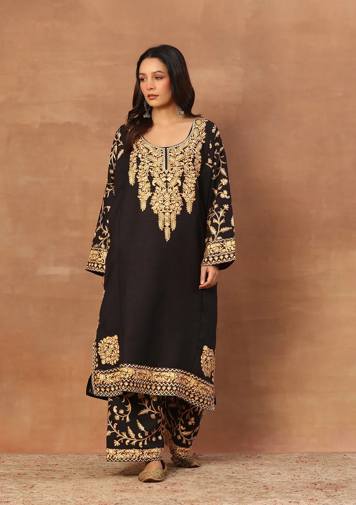 HOC Wool Aari Embroidered Solid Women's 3 Pc Long Phiran Set - Black - Image 6