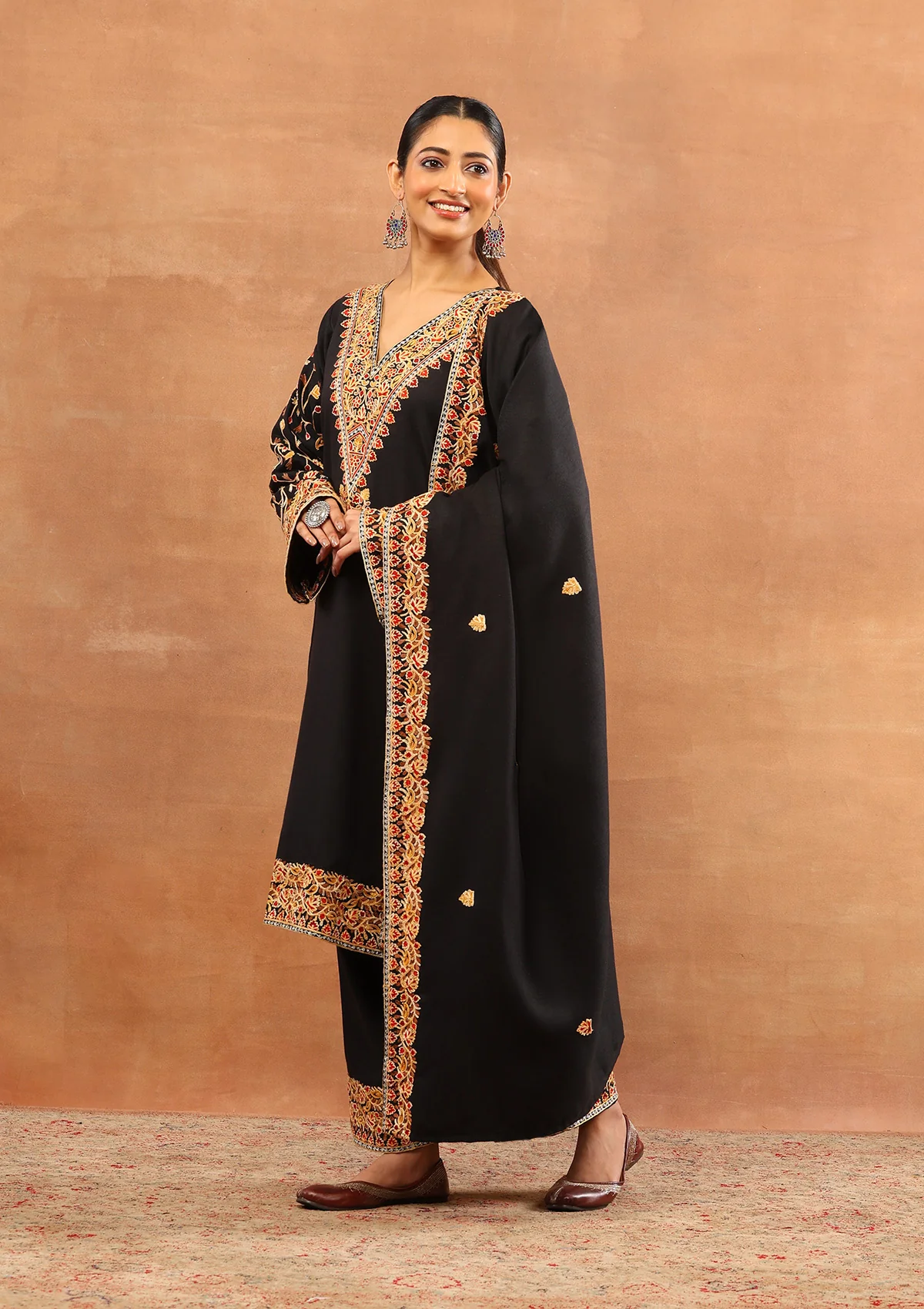 HOC Wool Aari Embroidered Solid Women's 3 PC Long Phiran Set - Black - Image 3