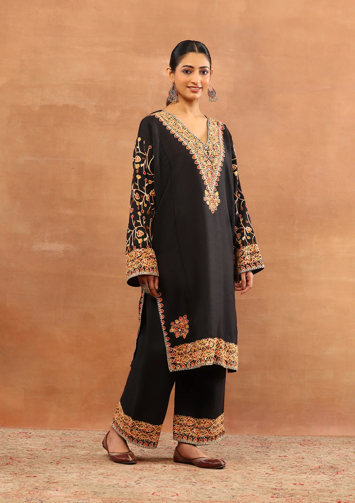 HOC Wool Aari Embroidered Solid Women's 3 PC Long Phiran Set - Black - Image 4