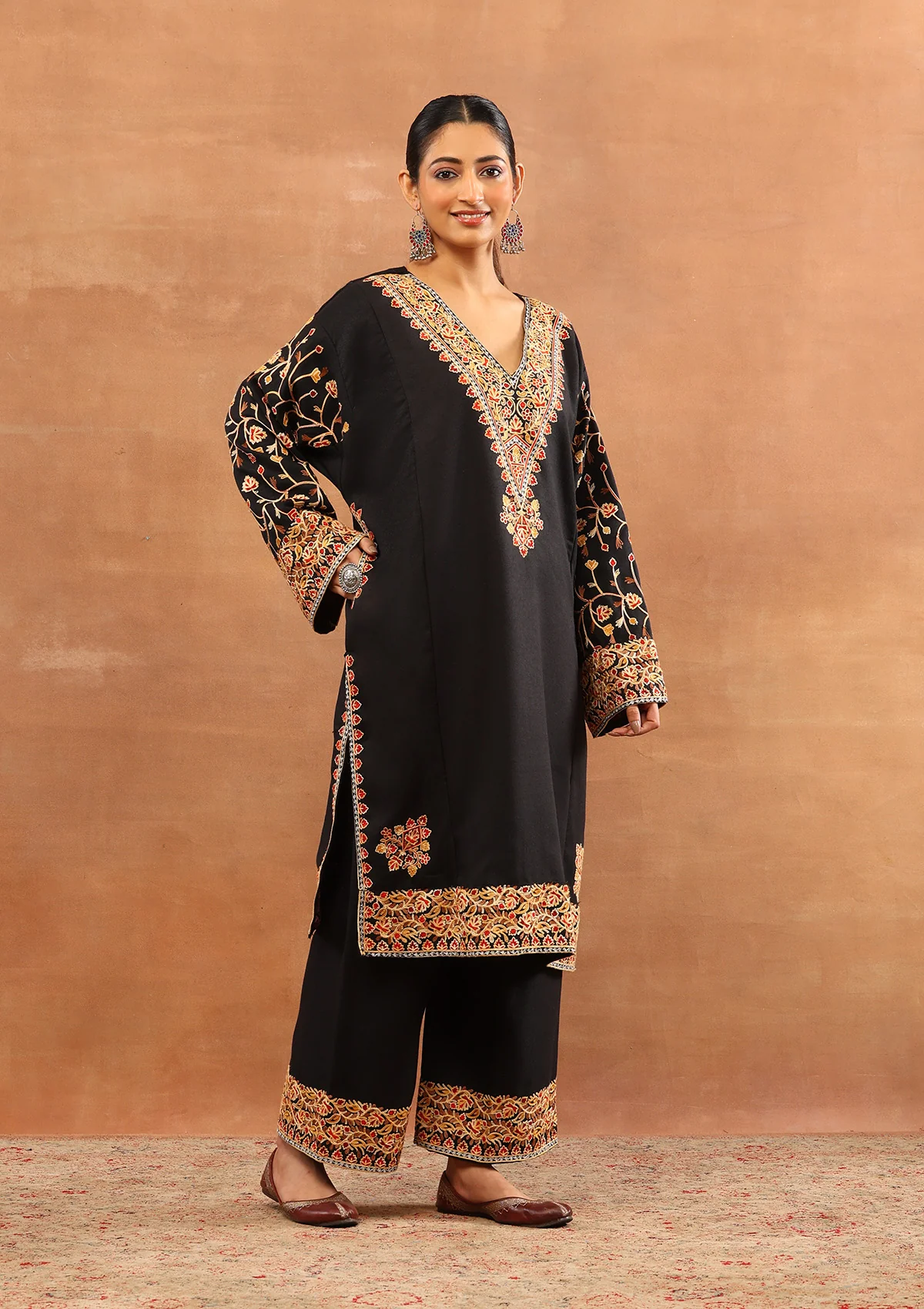 HOC Wool Aari Embroidered Solid Women's 3 PC Long Phiran Set - Black - Image 5