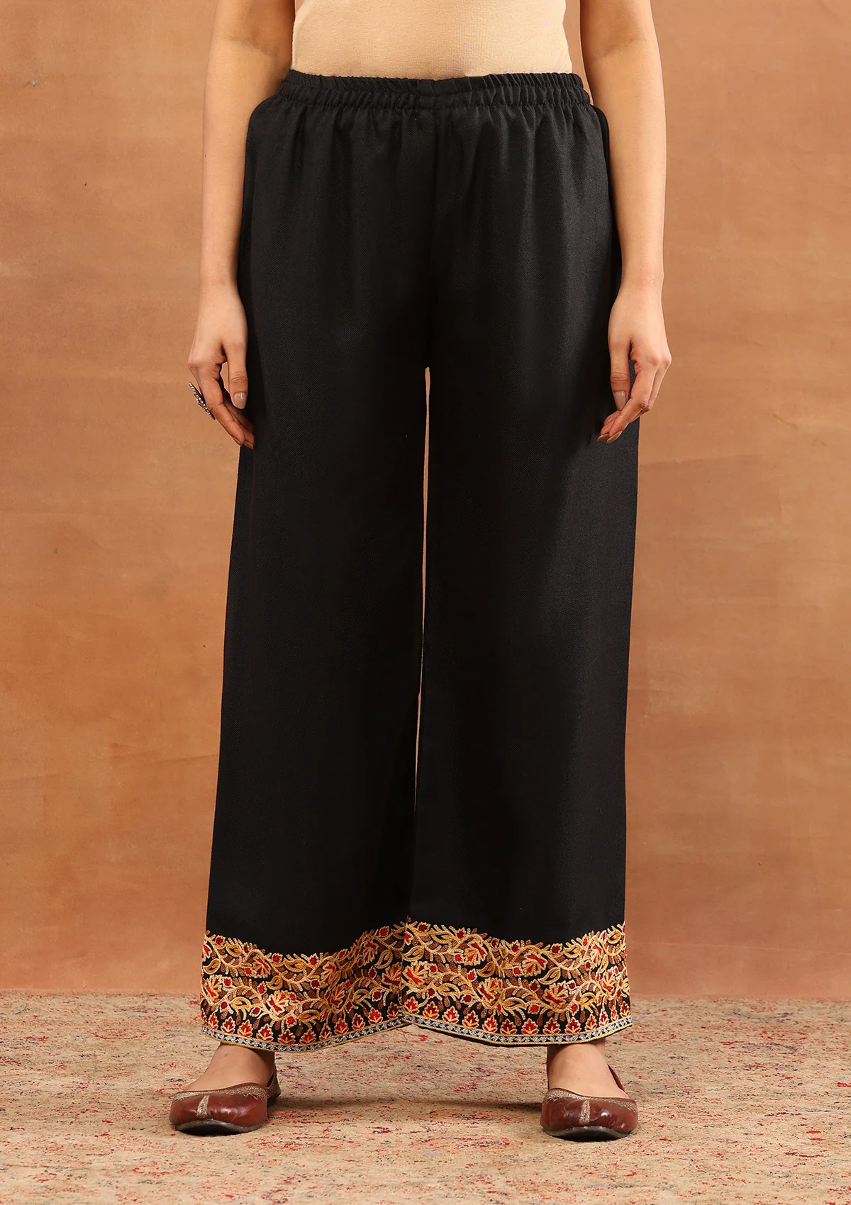 HOC Wool Aari Embroidered Solid Women's 3 PC Long Phiran Set - Black - Image 6
