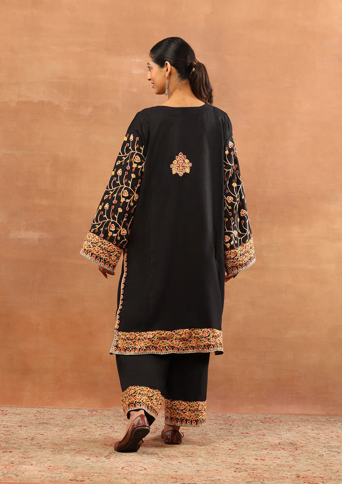 HOC Wool Aari Embroidered Solid Women's 3 PC Long Phiran Set - Black - Image 7