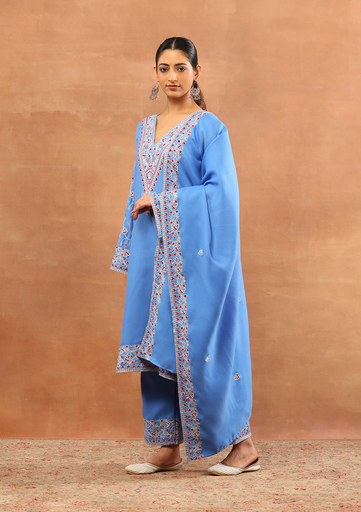 HOC Wool Aari Embroidered Solid Women's 3 PC Long Phiran Set - Blue - Image 3