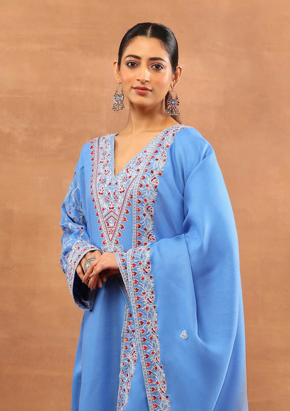 HOC Wool Aari Embroidered Solid Women's 3 PC Long Phiran Set - Blue - Image 4