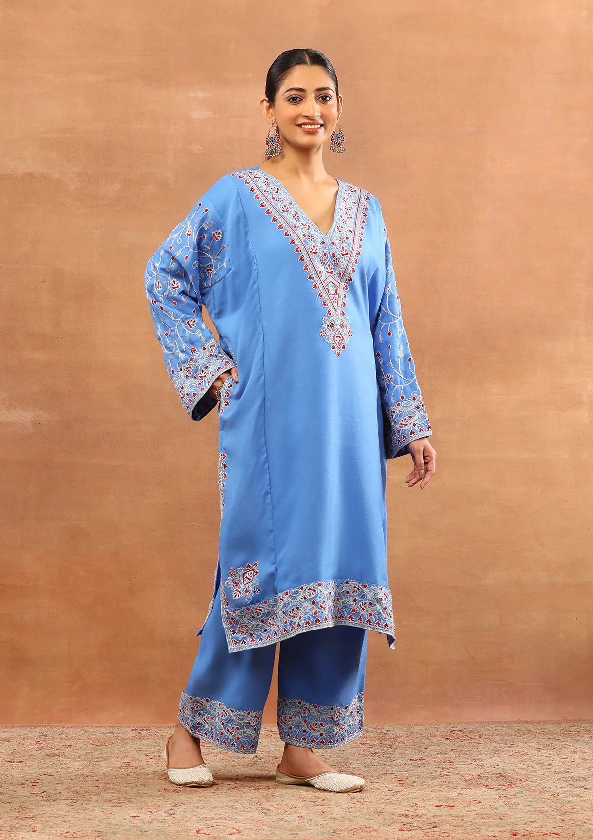 HOC Wool Aari Embroidered Solid Women's 3 PC Long Phiran Set - Blue - Image 5