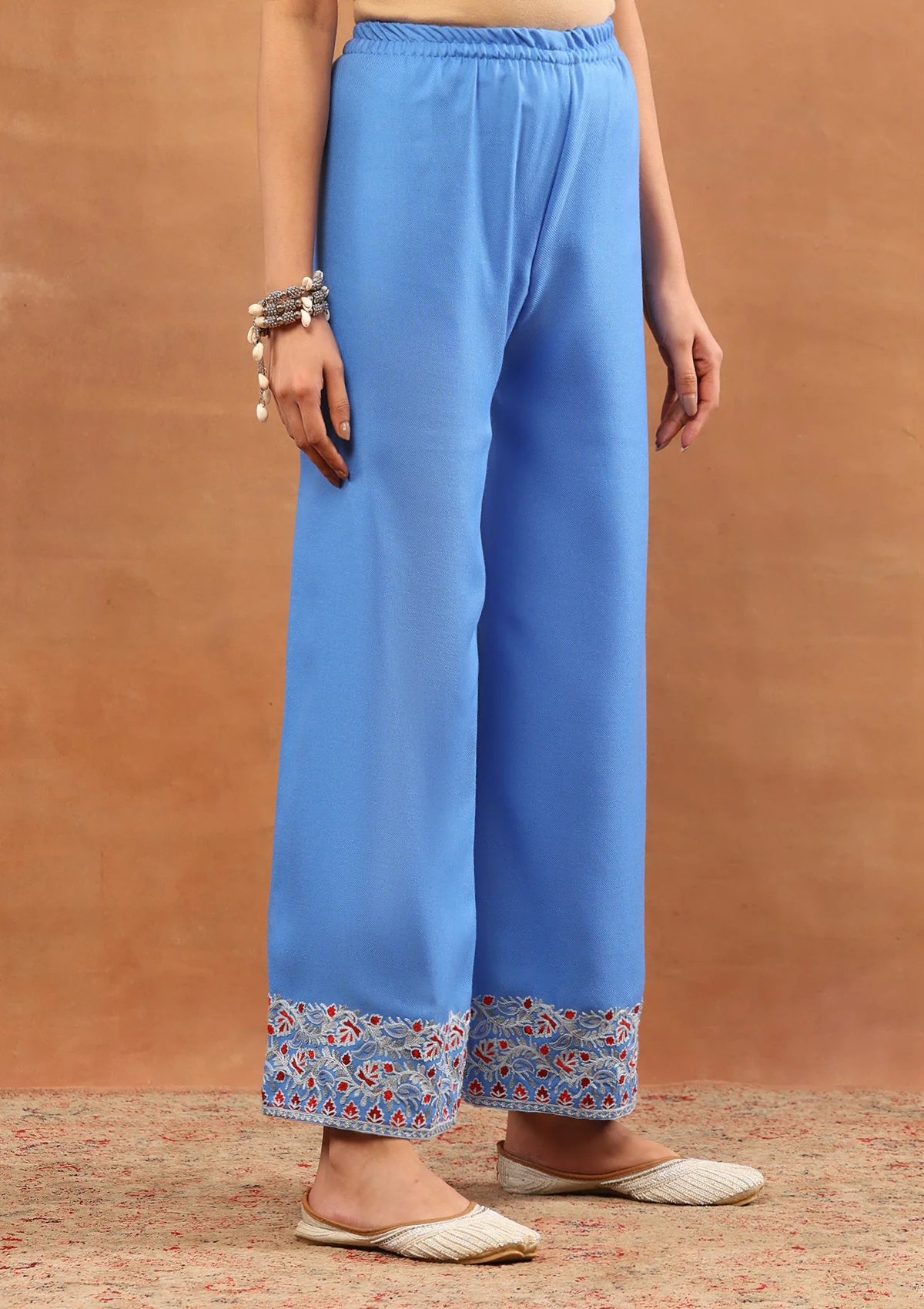 HOC Wool Aari Embroidered Solid Women's 3 PC Long Phiran Set - Blue - Image 6