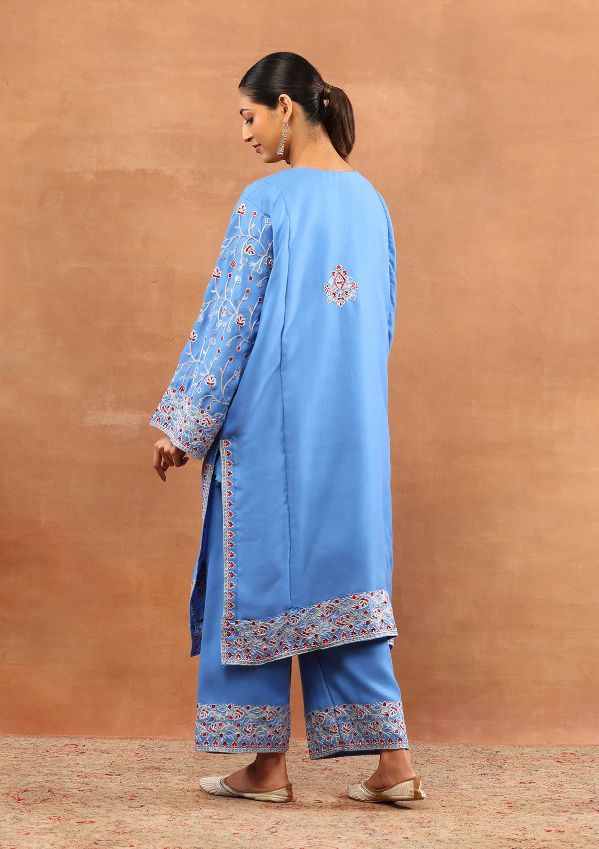HOC Wool Aari Embroidered Solid Women's 3 PC Long Phiran Set - Blue - Image 7