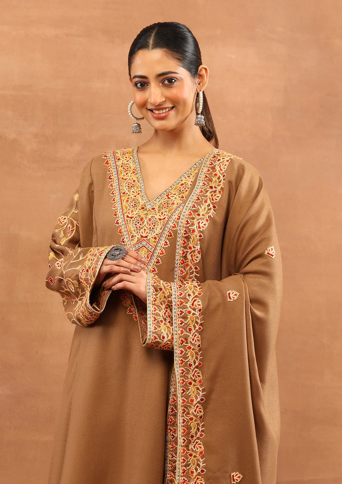 HOC Wool Aari Embroidered Solid Women's 3 PC Long Phiran Set - Brown - Image 2