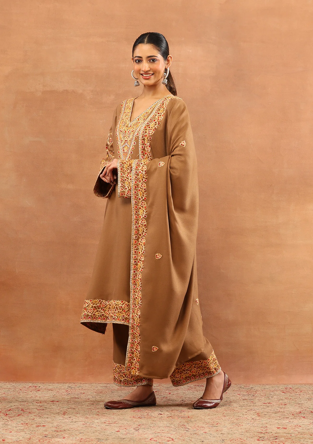 HOC Wool Aari Embroidered Solid Women's 3 PC Long Phiran Set - Brown - Image 3