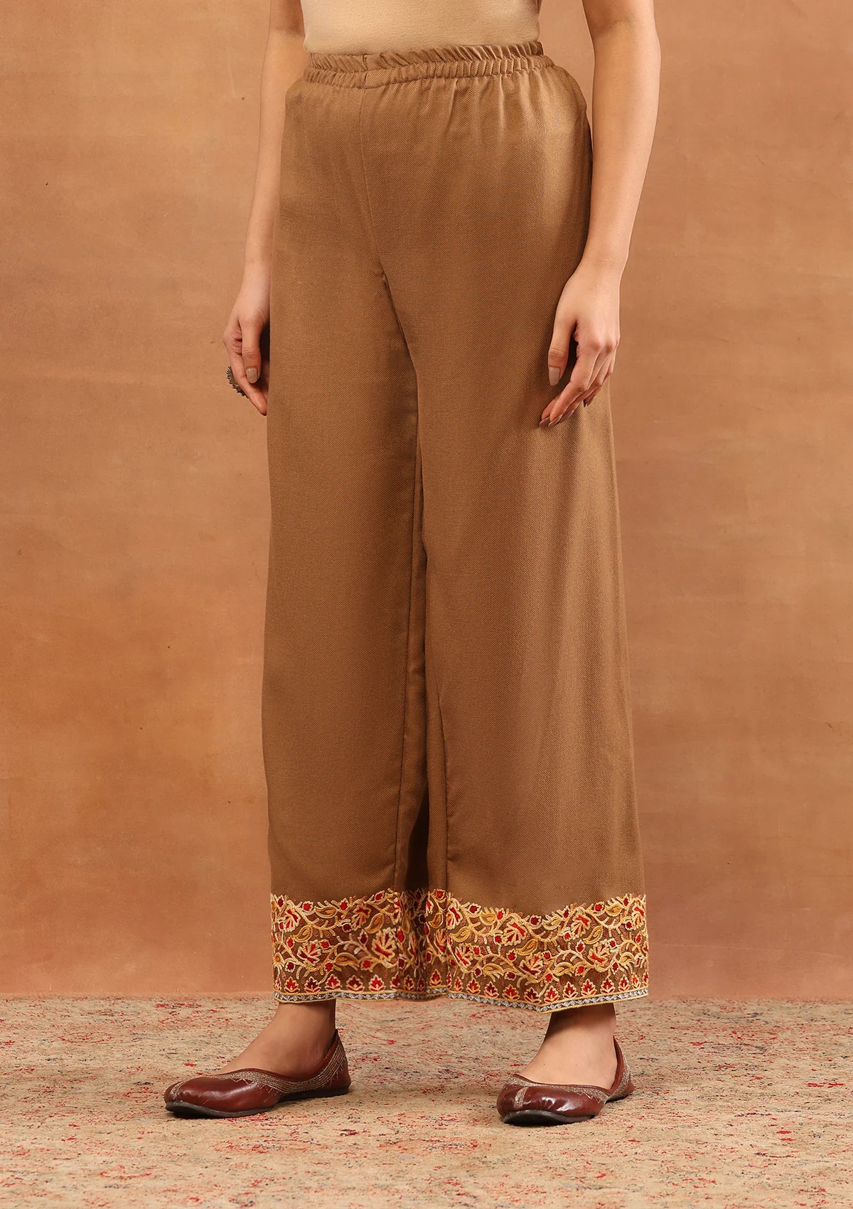 HOC Wool Aari Embroidered Solid Women's 3 PC Long Phiran Set - Brown - Image 5