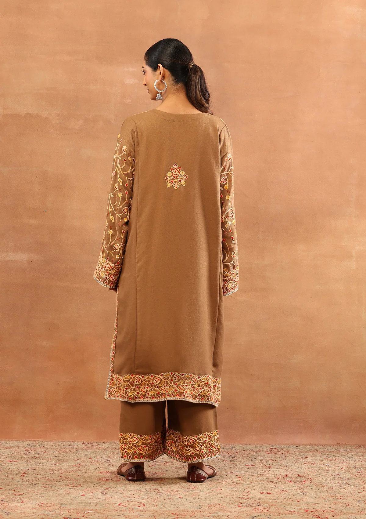 HOC Wool Aari Embroidered Solid Women's 3 PC Long Phiran Set - Brown - Image 6
