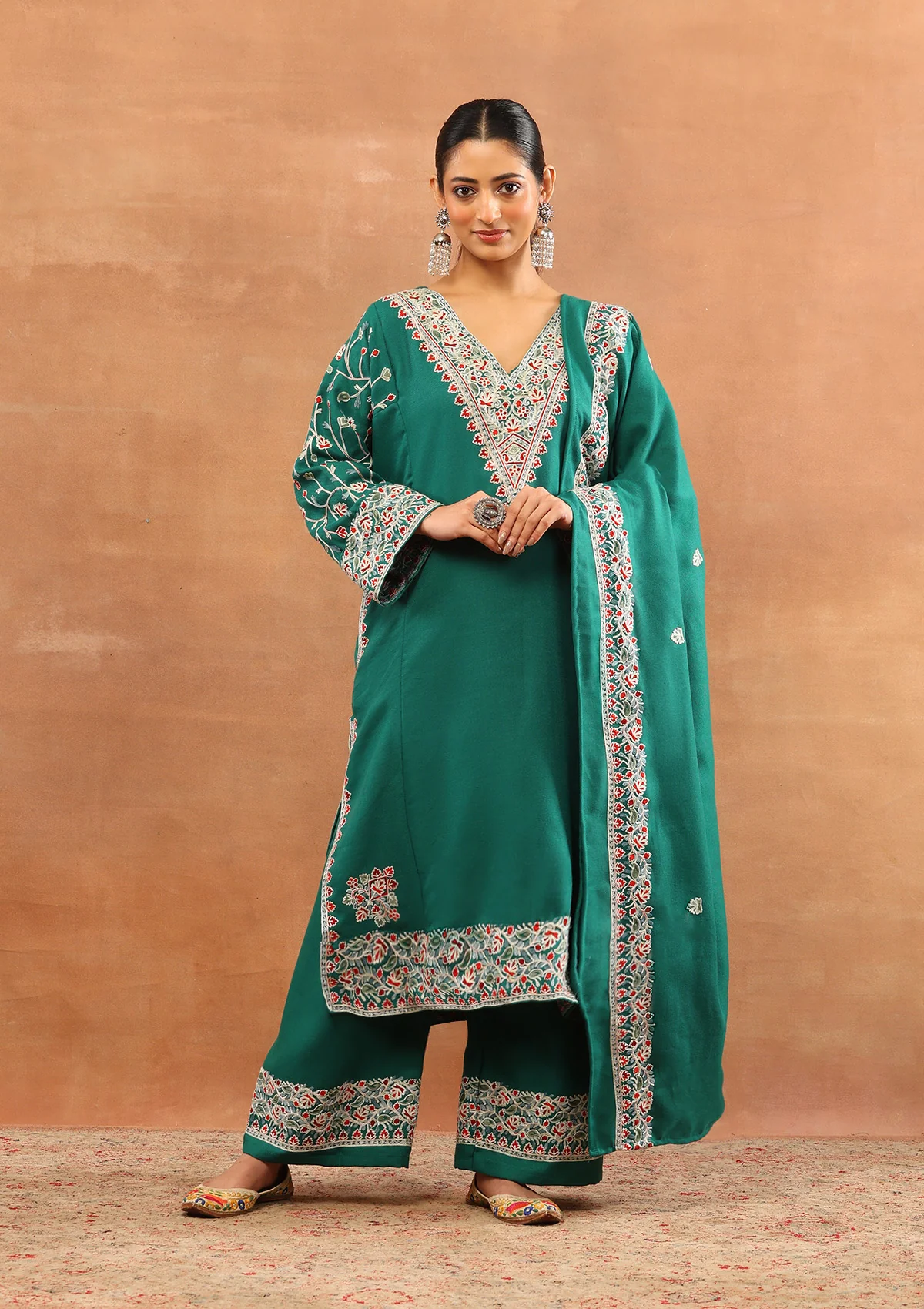 HOC Wool Aari Embroidered Solid Women's 3 PC Long Phiran Set - Green