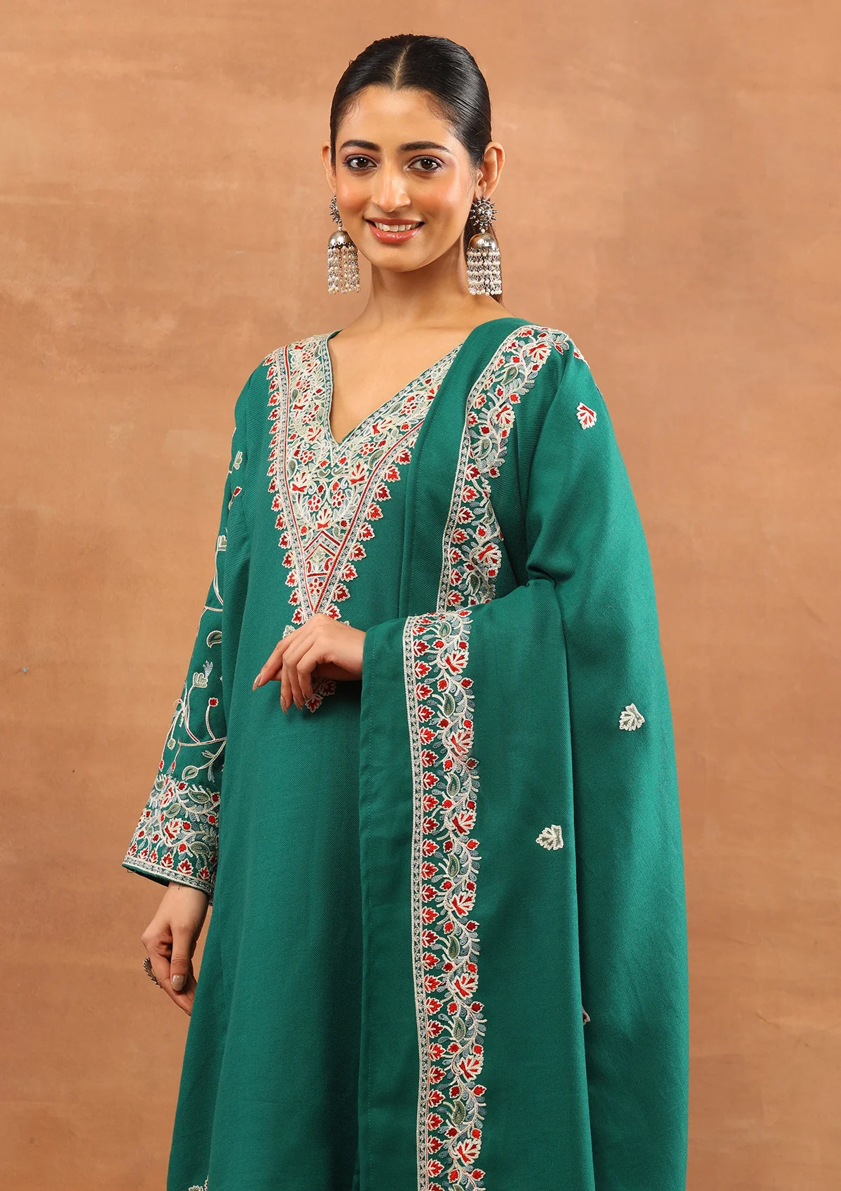 HOC Wool Aari Embroidered Solid Women's 3 PC Long Phiran Set - Green - Image 2