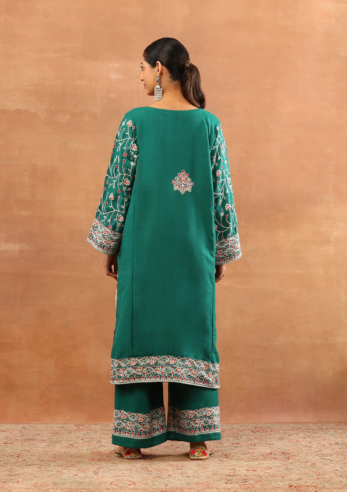 HOC Wool Aari Embroidered Solid Women's 3 PC Long Phiran Set - Green - Image 6