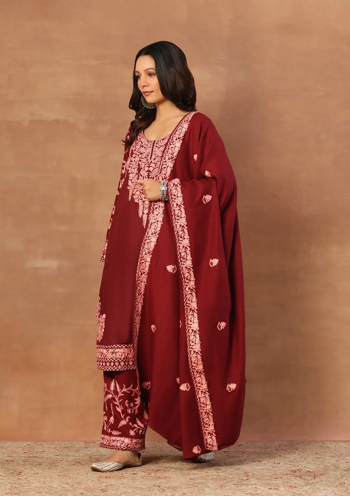 HOC Wool Aari Embroidered Solid Women's 3 Pc Long Phiran Set - Maroon - Image 3