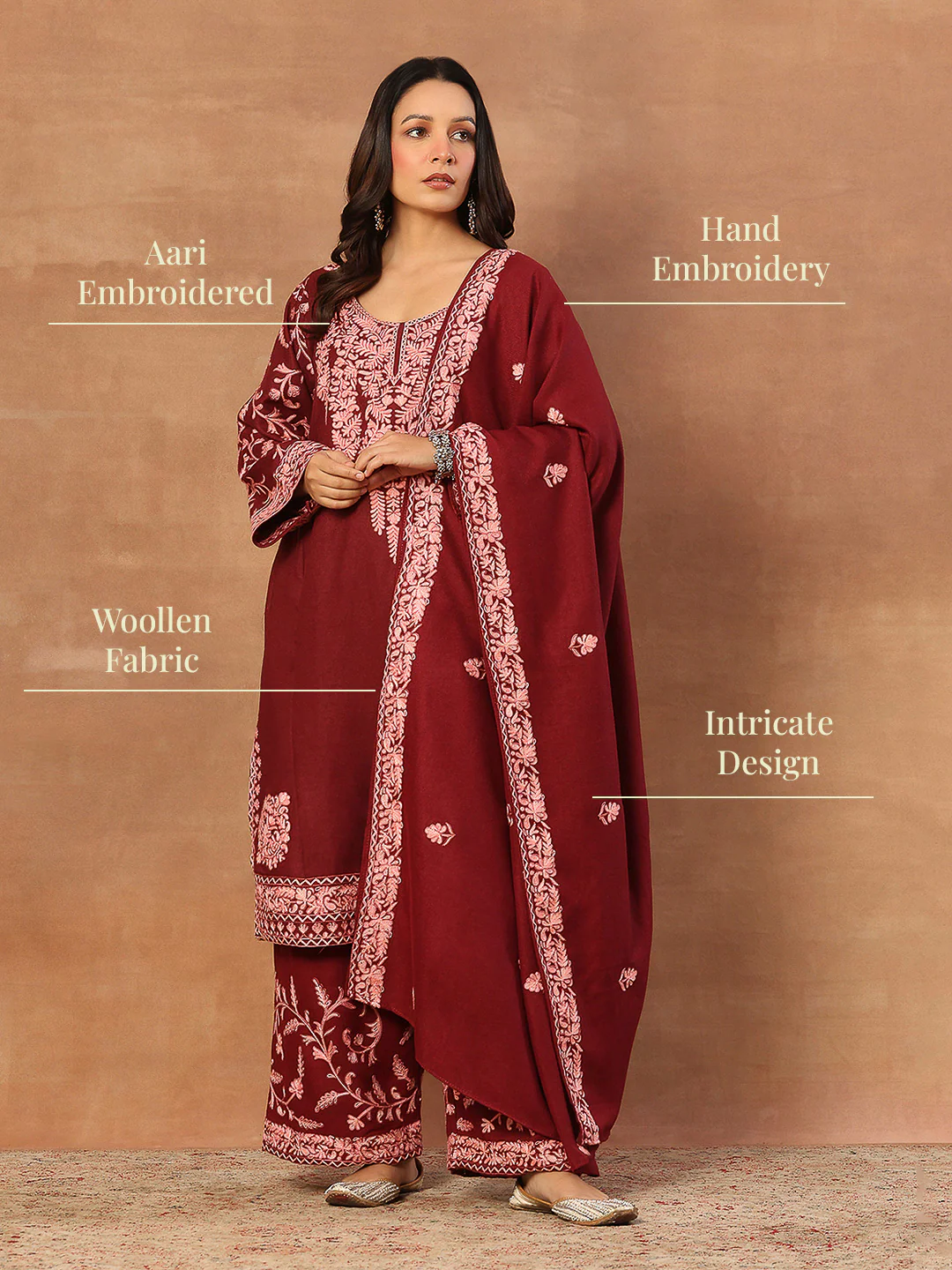HOC Wool Aari Embroidered Solid Women's 3 Pc Long Phiran Set - Maroon - Image 7