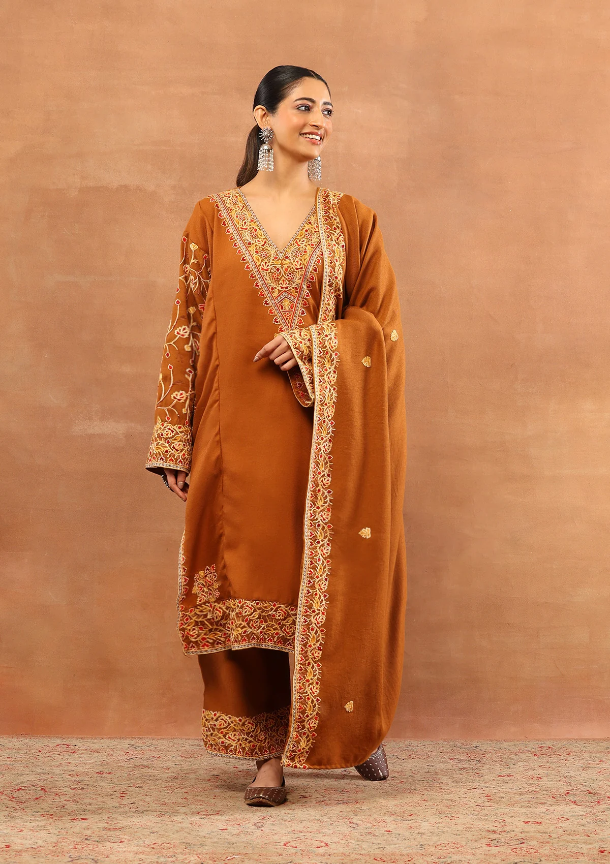 HOC Wool Aari Embroidered Solid Women's 3 PC Long Phiran Set - Rust