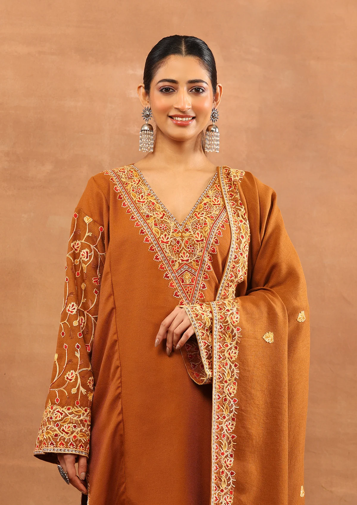 HOC Wool Aari Embroidered Solid Women's 3 PC Long Phiran Set - Rust - Image 2