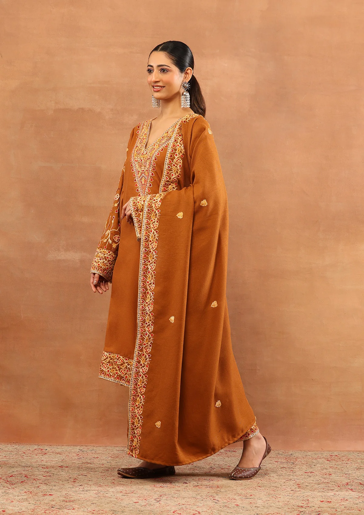 HOC Wool Aari Embroidered Solid Women's 3 PC Long Phiran Set - Rust - Image 3