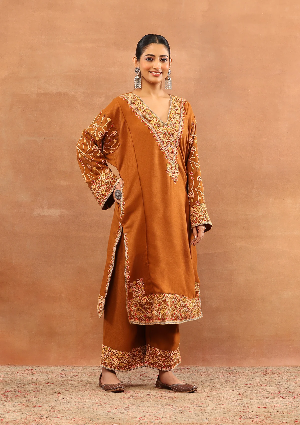 HOC Wool Aari Embroidered Solid Women's 3 PC Long Phiran Set - Rust - Image 4