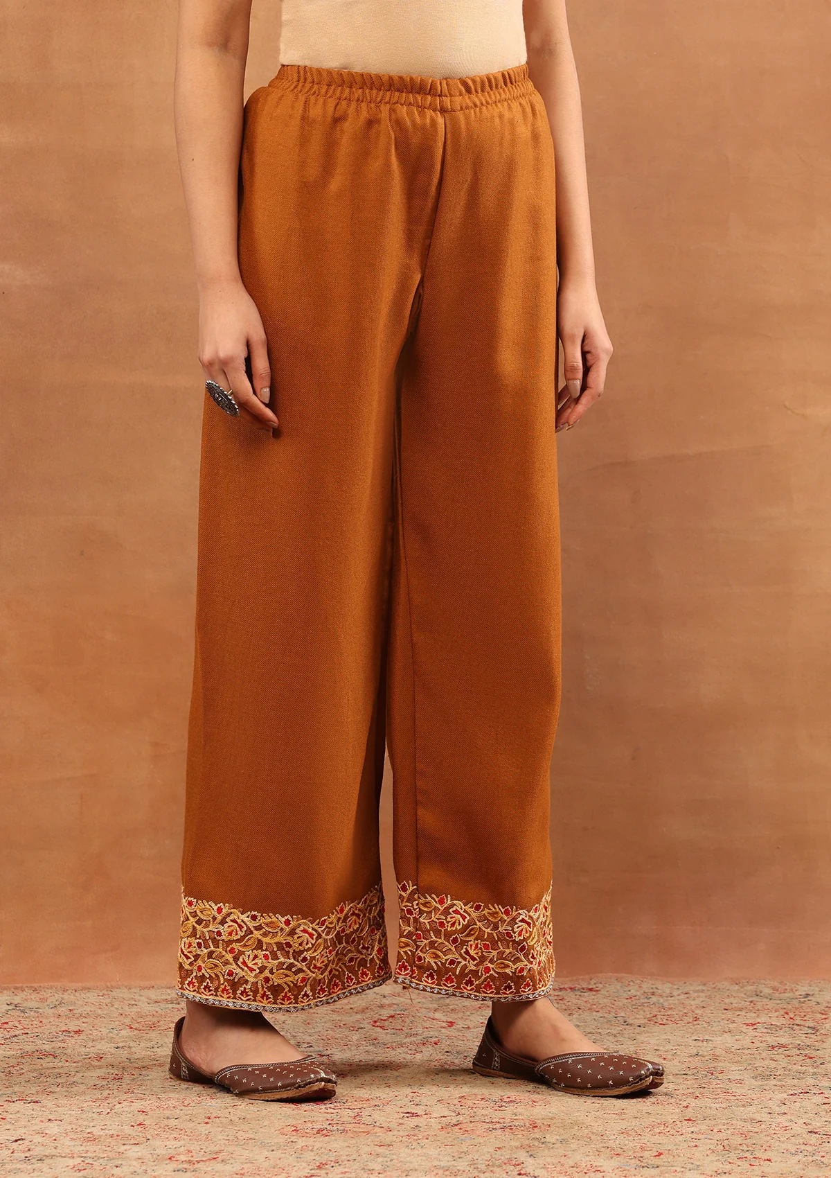 HOC Wool Aari Embroidered Solid Women's 3 PC Long Phiran Set - Rust - Image 5