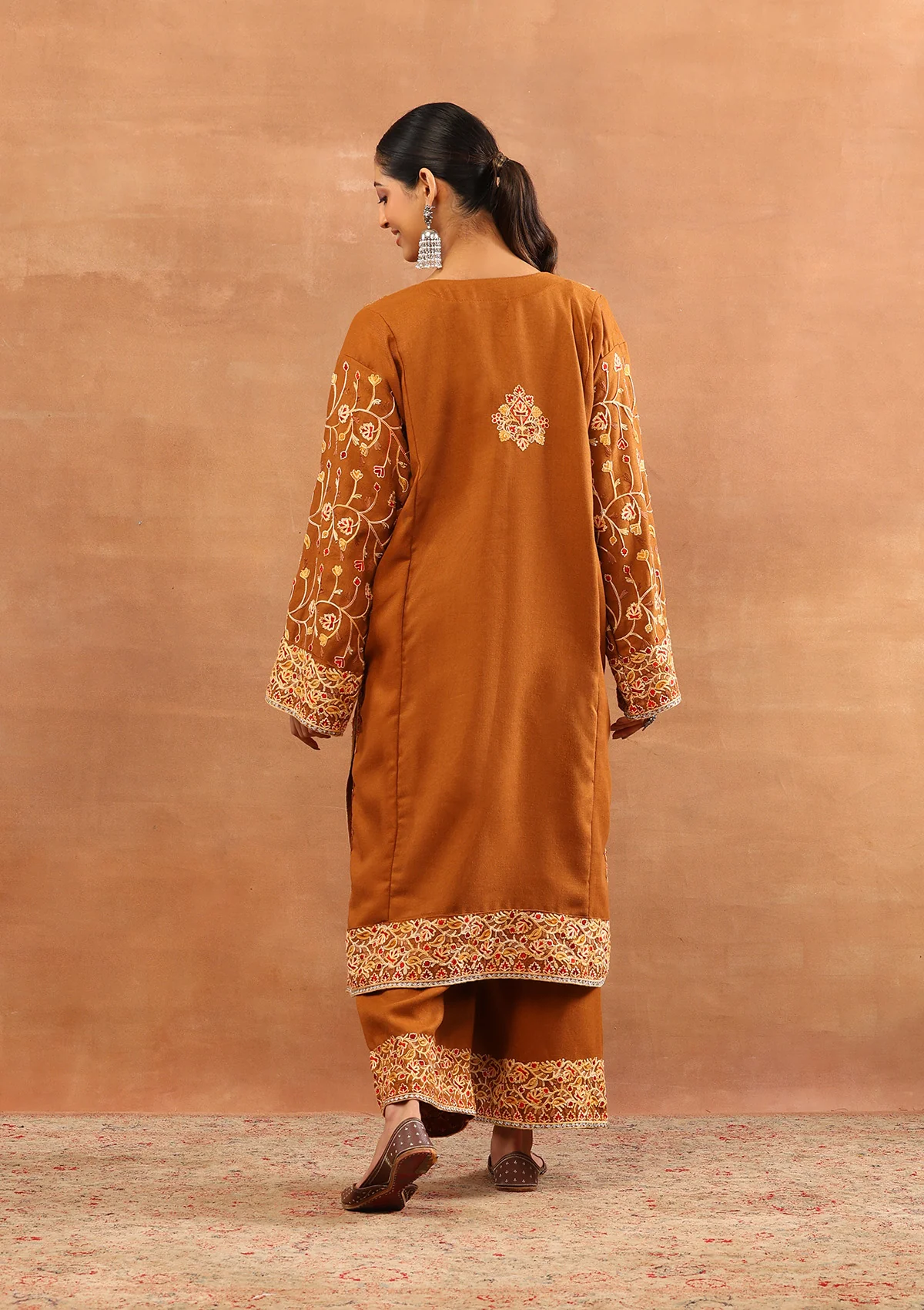 HOC Wool Aari Embroidered Solid Women's 3 PC Long Phiran Set - Rust - Image 6