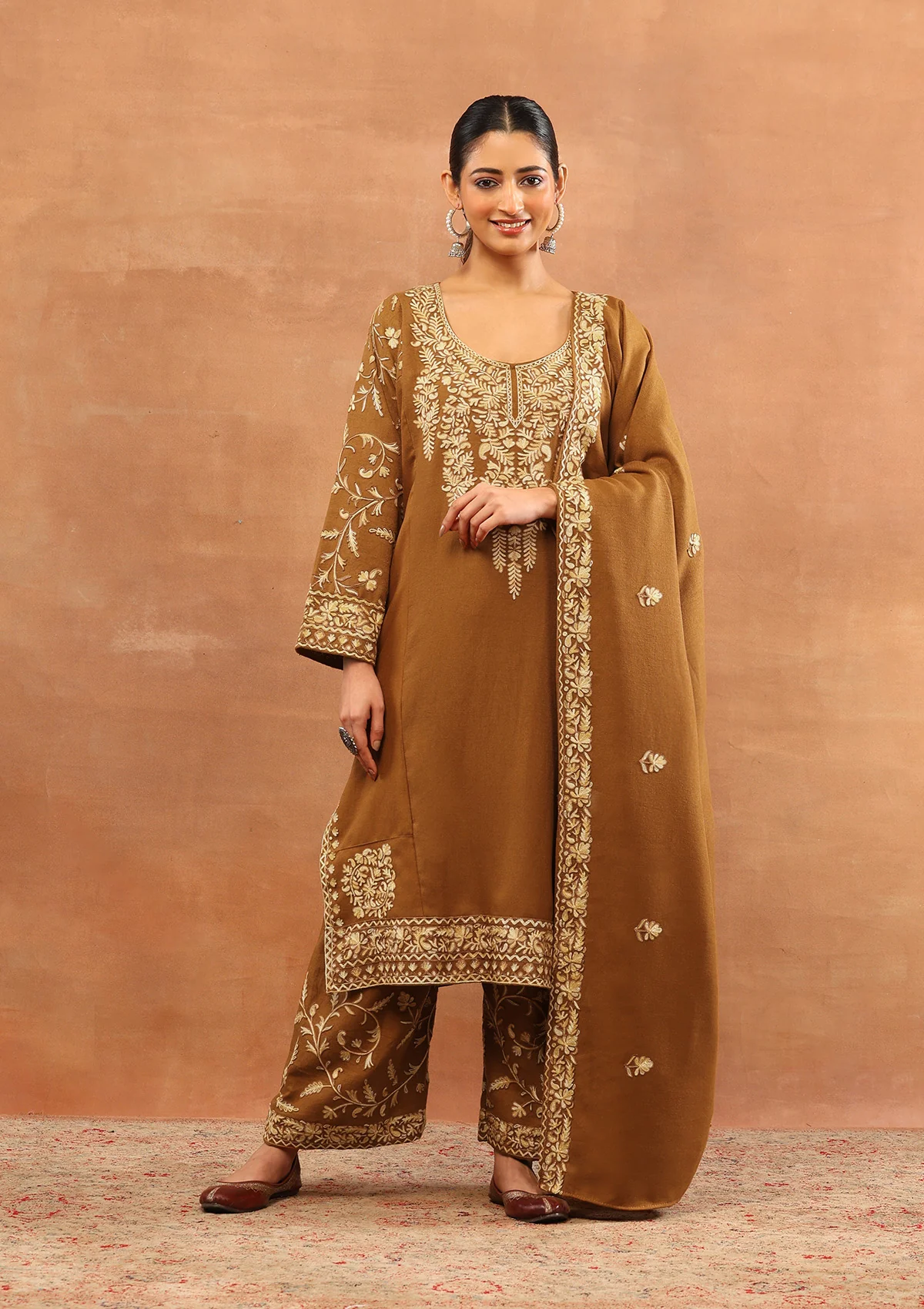 HOC Wool Aari Embroidered Solid Women's 3 PC Long Phiran Set - Rust