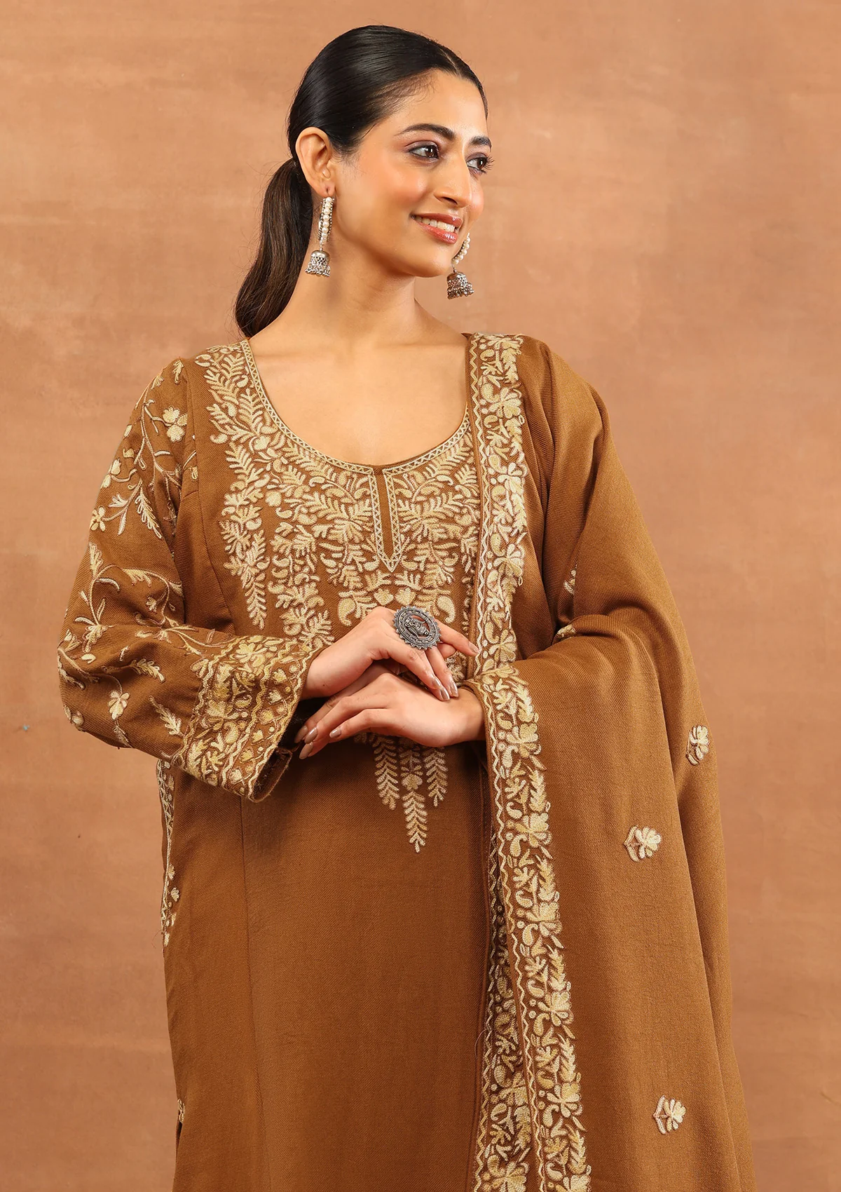HOC Wool Aari Embroidered Solid Women's 3 PC Long Phiran Set - Rust - Image 2