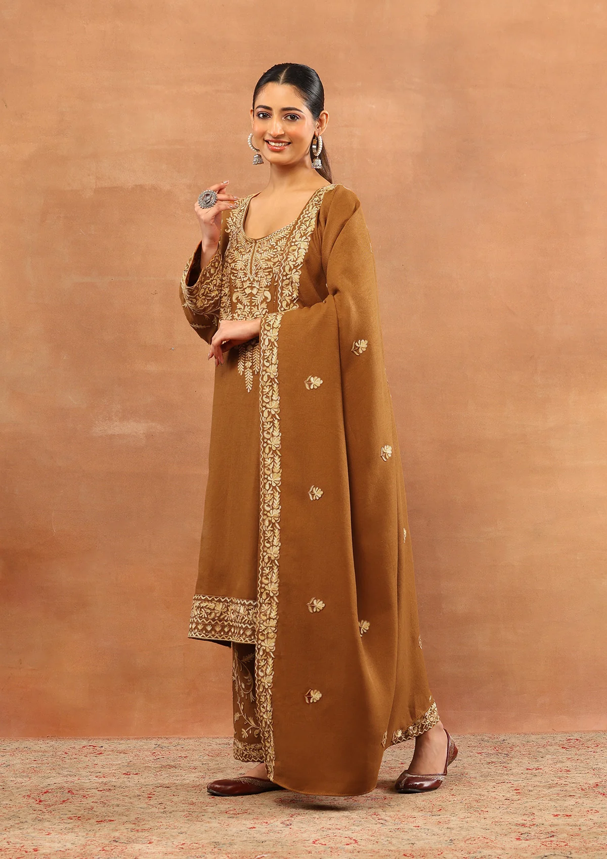 HOC Wool Aari Embroidered Solid Women's 3 PC Long Phiran Set - Rust - Image 3