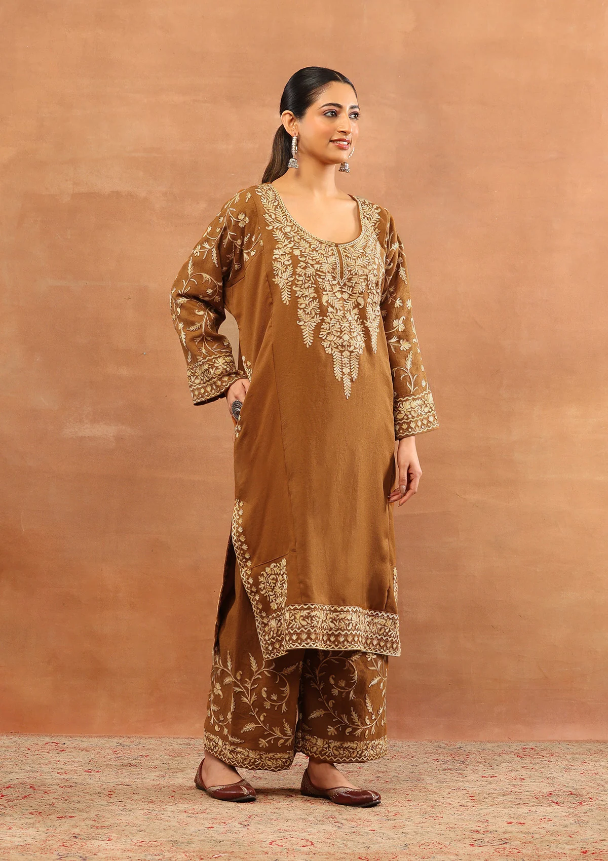 HOC Wool Aari Embroidered Solid Women's 3 PC Long Phiran Set - Rust - Image 4
