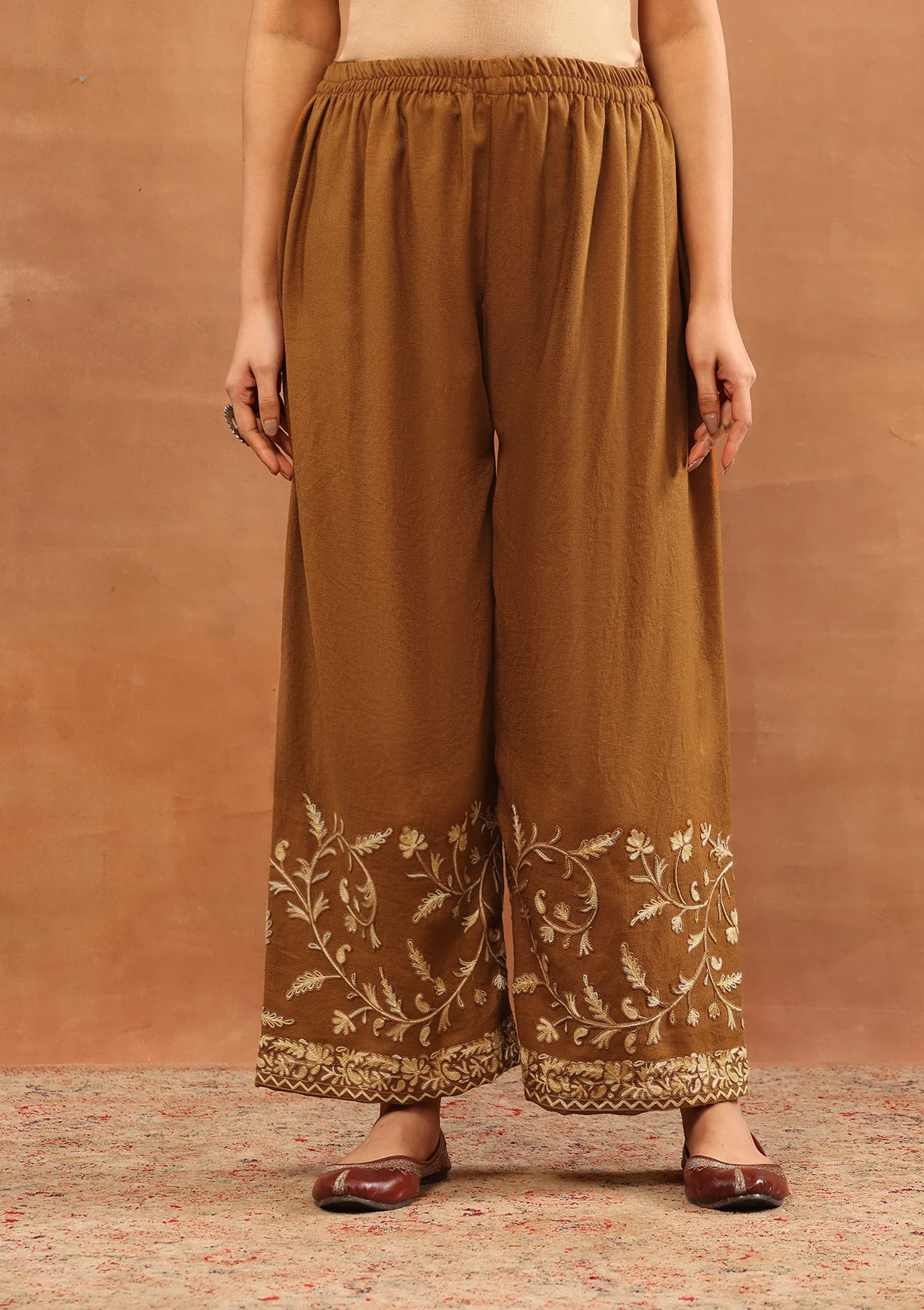 HOC Wool Aari Embroidered Solid Women's 3 PC Long Phiran Set - Rust - Image 5