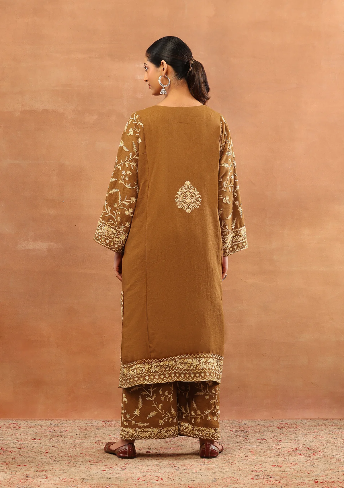 HOC Wool Aari Embroidered Solid Women's 3 PC Long Phiran Set - Rust - Image 6